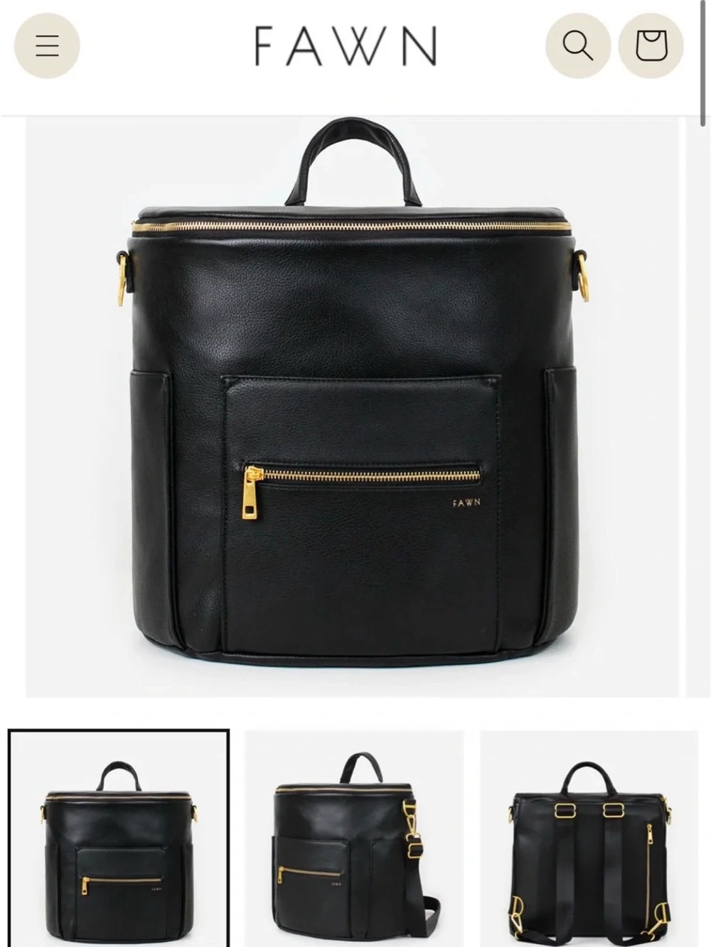 Fawn Diaper Backpack - Black Leather Square Backpack with Gold Hardware